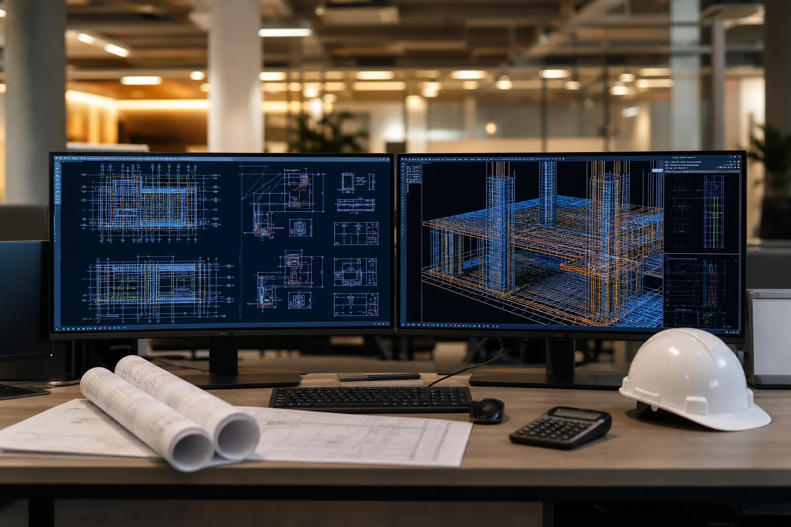 Rebar detailing workstation with CAD shop drawings on one monitor and a 3D structural rebar model on another