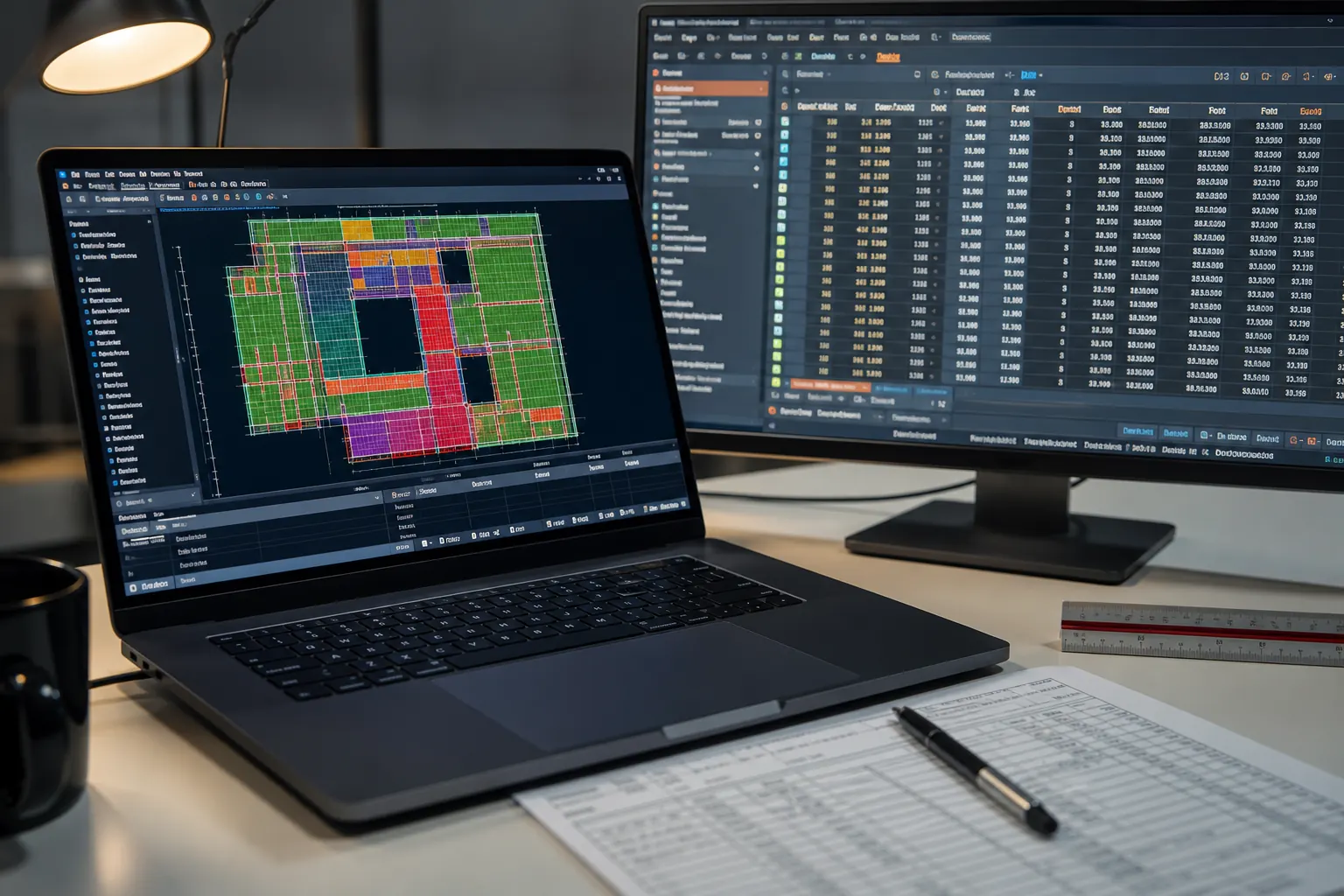 Rebar quantity takeoff on a laptop beside a spreadsheet of bar sizes, lengths and tonnage totals
