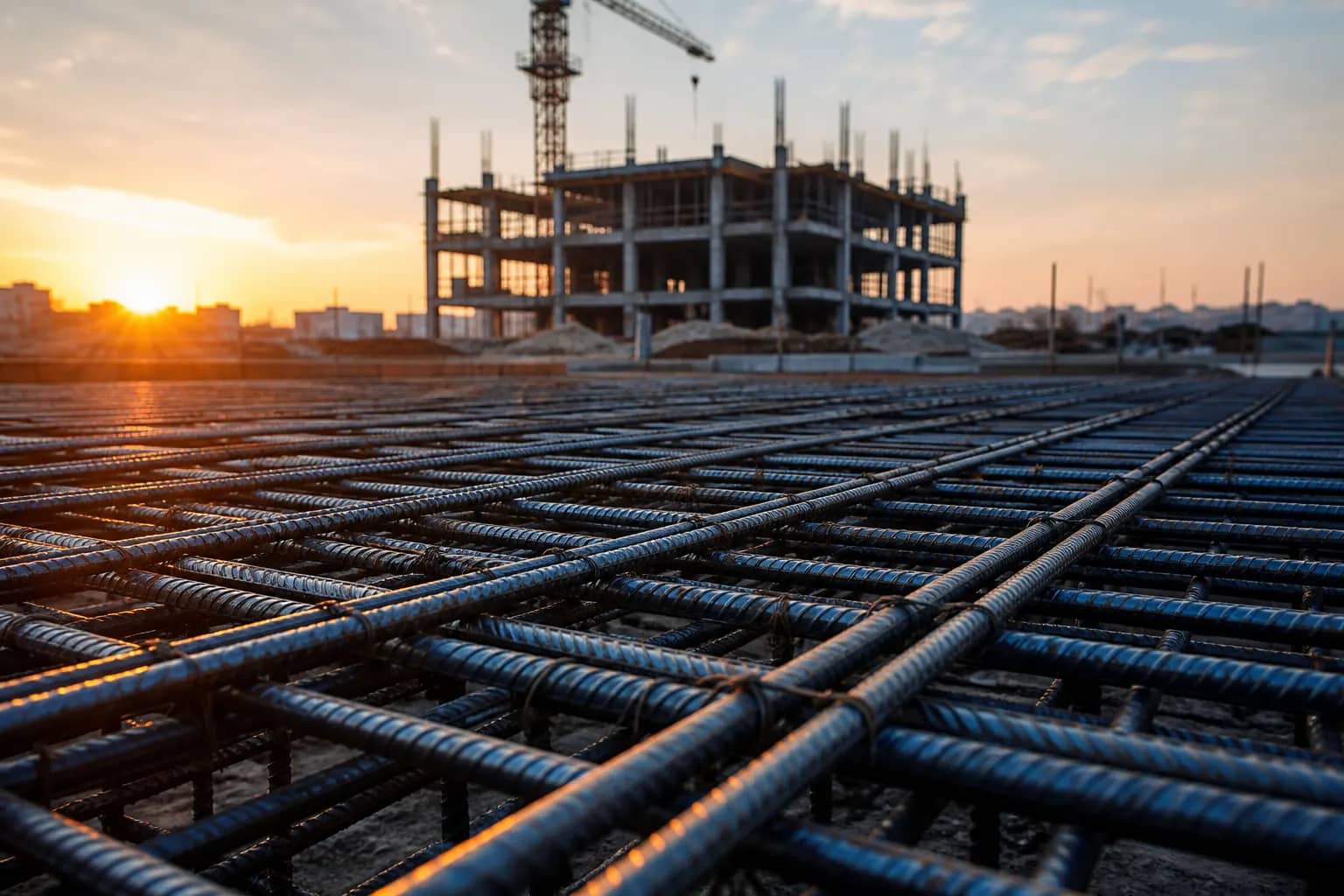 Dense grid of tied reinforcing steel bars on a building foundation at sunrise, with a concrete frame and tower crane rising behind