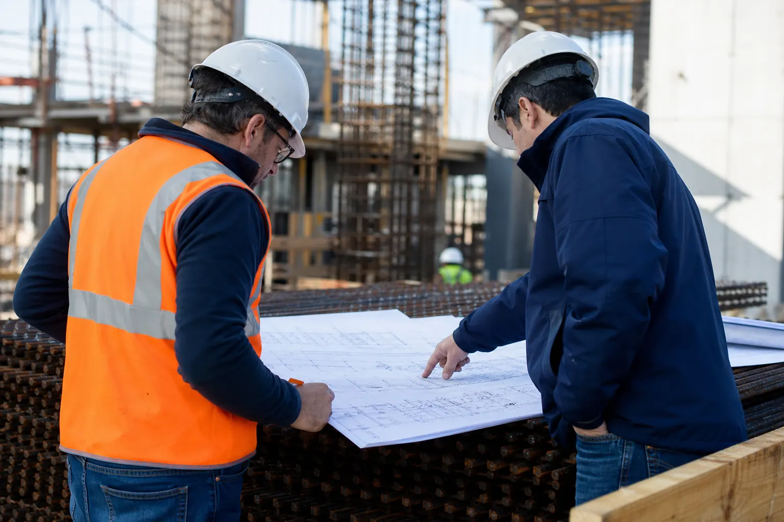 Two construction professionals in hard hats reviewing a rebar shop drawing together on a jobsite
